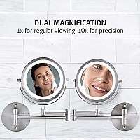 Ovente 7 Lighted Wall Mount Makeup Mirror 1X 10X Magnifier Adjustable Double Sided Round Led Extend Retractable Folding