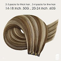 Full Shine Genius Weft Hair Extensions Hand Tied Weft Hair Extensions Color Medium Brown Highlight Honey Blonde Hair Weft Straig