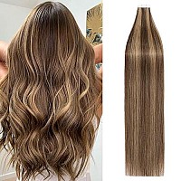 Tape In Hair Extensions Real Human Hair 20Pcs 50G 100 Remy Hair Extensions Of Balayage Medium Brown Highlighted Dark Blonde Sea