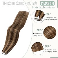 Tape In Hair Extensions Real Human Hair 20Pcs 50G 100 Remy Hair Extensions Of Balayage Medium Brown Highlighted Dark Blonde Sea