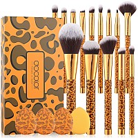 Docolor Makeup Brushes 14Pcs Leopard Makeup Brush Set With 4Pcs Makeup Puffs Premium Synthetic Powder Foundation Contour Blush C