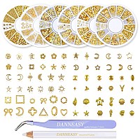 Danneasy Gold Nail Studs Metal Nail Charms 3D Nail Art Charms Manicure Decoration Kit Star Moon Shell Cross Flower Nail Jewels W