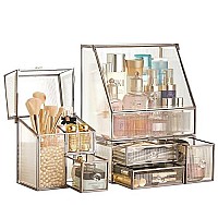 Stackable 3Pieces Drawer Set Glass Makeup Organizer Antique Countertop Vanity Cosmetic Storage Box Mirror Glass Beauty Display