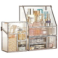 Stackable 3Pieces Drawer Set Glass Makeup Organizer Antique Countertop Vanity Cosmetic Storage Box Mirror Glass Beauty Display