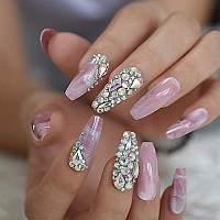 Coolnail Bling Jewelry Ballerina Coffin Press On False Fake Nails 3D Marble Pink Glossy Extra Long Salon Party Wear Full Cover N