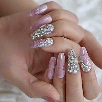 Coolnail Bling Jewelry Ballerina Coffin Press On False Fake Nails 3D Marble Pink Glossy Extra Long Salon Party Wear Full Cover N