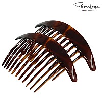 Parcelona French Tapered Edge Tortoise Shell Brown Large 5 Celluloid 11 Teeth Set Of 2 Side Hair Combs For Women And Girls