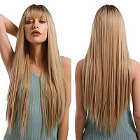 Emmor Ombre Blonde Wig With Bangs For Women Long Straight Natural Synthetic Hair Dark Root Wigs Party Cosplay Daily Use 28