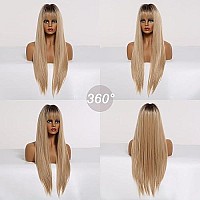 Emmor Ombre Blonde Wig With Bangs For Women Long Straight Natural Synthetic Hair Dark Root Wigs Party Cosplay Daily Use 28