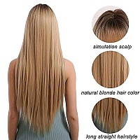 Emmor Ombre Blonde Wig With Bangs For Women Long Straight Natural Synthetic Hair Dark Root Wigs Party Cosplay Daily Use 28