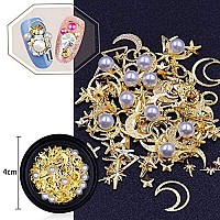 Meilinds 3D Gold Nail Studs Gold Nail Rivets Gems Nails Art Decoration Sparkle Rhinestones Hollow Moon Star Shaped Artificial Pe