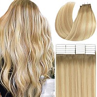 Loxxy Tape In Extensions Human Hair Invisible Skin Weft Tape Ins Natural Hair Extensions Ombre Color Light Golden Brownplatinum