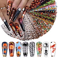 Kalolary 60 Sheets Halloween Nail Foil Transfer Sticker Pumpkin Spider Skull Ghost Witch Nail Decal Nail Transfer Foils For Hal