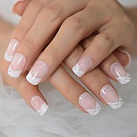 Nude Natural French Nail Fake Nails Short Length Designed False Nails Press On White Silver Glitter Tips