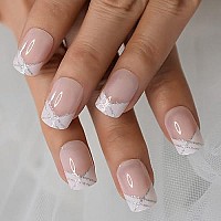 Nude Natural French Nail Fake Nails Short Length Designed False Nails Press On White Silver Glitter Tips