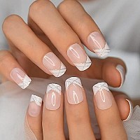 Nude Natural French Nail Fake Nails Short Length Designed False Nails Press On White Silver Glitter Tips