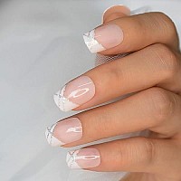 Nude Natural French Nail Fake Nails Short Length Designed False Nails Press On White Silver Glitter Tips