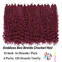 Goddess Box Braids Crochet Hair 12 Inch 8 Packs Red Burgundy Prelooped Bohemian Crochet Boho Box Braids With Curly Ends 3X Croc