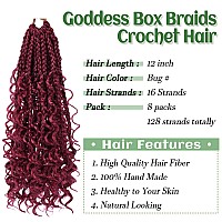 Goddess Box Braids Crochet Hair 12 Inch 8 Packs Red Burgundy Prelooped Bohemian Crochet Boho Box Braids With Curly Ends 3X Croc