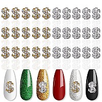 Silpecwee 30Pcs Dollar Sign Nail Charms Gold Silver Nail Jewels 3D Nail Art Charms Money Design Nail Rhinestone And Charms Nail