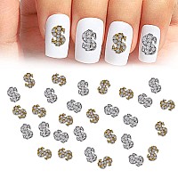 Silpecwee 30Pcs Dollar Sign Nail Charms Gold Silver Nail Jewels 3D Nail Art Charms Money Design Nail Rhinestone And Charms Nail