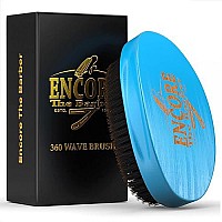 Encore The Barber 360 Wave Brush Medium Boar Bristle Curved Palm For Man Women Boys Girls Hair Wavesblue