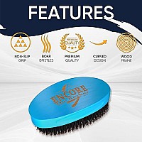 Encore The Barber 360 Wave Brush Medium Boar Bristle Curved Palm For Man Women Boys Girls Hair Wavesblue