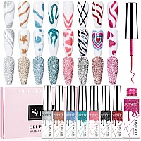 Supwee Reflective Painting Gel Liner Nail Art Set 8 Colors Disco Glitter Liner Gel Polish Silver Pink Glitter Nail Liner Gel Po