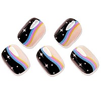 Glamermaid Press On Nails Extra Short Squoval Spring Summer Black And Pink Glue On Gel Nails With Stars Rainbow Design 24Pcs R