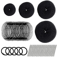 Fandamei Hair Donut Bun Maker Set 4 Bun Shapers 20 Invisible Nets 5 Elastics 20 Bobby Pins Black