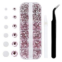 4240Pcs Flatback Pink Rhinestones Glass Crystal Gemstones For Nail Art Jewels Makeup Shiny Round With Tweezers And Picking Pen