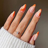 Mervf Almond Press On Nails Medium Fake Nails Orange French Tip Stiletto Acrylic Nails With Striped Designs 24Pcs Glossy Glue On