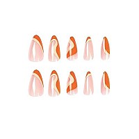 Mervf Almond Press On Nails Medium Fake Nails Orange French Tip Stiletto Acrylic Nails With Striped Designs 24Pcs Glossy Glue On