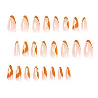 Mervf Almond Press On Nails Medium Fake Nails Orange French Tip Stiletto Acrylic Nails With Striped Designs 24Pcs Glossy Glue On