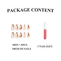 Mervf Almond Press On Nails Medium Fake Nails Orange French Tip Stiletto Acrylic Nails With Striped Designs 24Pcs Glossy Glue On