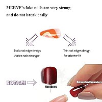 Mervf Almond Press On Nails Medium Fake Nails Orange French Tip Stiletto Acrylic Nails With Striped Designs 24Pcs Glossy Glue On