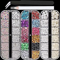 3 Boxes Of Flat Back Nail Art Crystal Rhinestonespearl Set 1 Colorfulabtransparent White Rhinestonehalf Round Whitebeige Pe