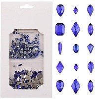 Tisslan 820Pcs Flatback Crystals Glass Variety Shapes Blue Nail Rhinestones Round Beads Size Assorted 3D Nail Decoration Jewels