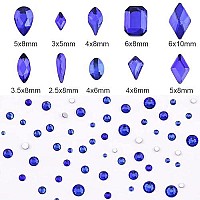 Tisslan 820Pcs Flatback Crystals Glass Variety Shapes Blue Nail Rhinestones Round Beads Size Assorted 3D Nail Decoration Jewels