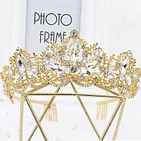 Exacoo Gold Tiara And Crown For Women Crystal Headband With Comb Rhinestones Princess Hairpiece For Girls Wedding Hair Accessori