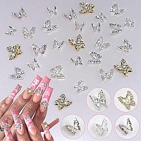 Kwolykim 50Pcs Sliver Diamond Butterfly Nail Charms 3D Metal Butterfly Nail Gems And Rhinestones Y2K Nail Jewelry Accessories D