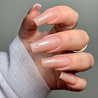 Extra Long Coffin Press On Nails Nude Kqueenest Solid Ballerina Fake Nails Pure Glossy Acrylic Nails Full Cover Stick On Nails M