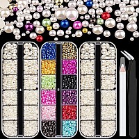 Belleboost Flat Back Pearls Kits 1 Box Of Flatback Colorful2 Boxes Of Beige Half Round Pearls With Pickup Pencil And Tweezer Fo