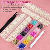 Belleboost Flat Back Pearls Kits 1 Box Of Flatback Colorful2 Boxes Of Beige Half Round Pearls With Pickup Pencil And Tweezer Fo