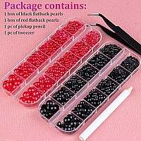 Belleboost Flat Back Pearls Kits 1 Box Of Flatback Black1 Box Of Red Half Round Pearls With Pickup Pencil And Tweezer For Home