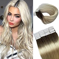 Tape In Hair Extensions 18Inch Flax Brown To Platinum Blonde Seamless Double Sided Invisible Real Human Hair Extensions Tape Ins