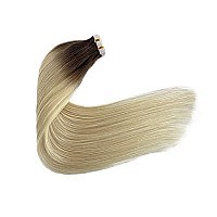 Tape In Hair Extensions 18Inch Flax Brown To Platinum Blonde Seamless Double Sided Invisible Real Human Hair Extensions Tape Ins