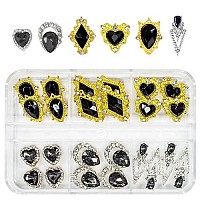 24Pcs Black Nail Rhinestones Luxury Nail Charms Jet Black Heart Charms For Nails 3D Big Nail Gems K9 Glass Crystals Diamonds Jew