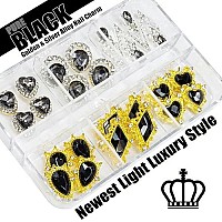 24Pcs Black Nail Rhinestones Luxury Nail Charms Jet Black Heart Charms For Nails 3D Big Nail Gems K9 Glass Crystals Diamonds Jew