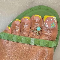 Docvoeomh French Tips Press On Toenails Yellow Square Fake Toe Nails With Flower Design Full Cover Glue On Toe Nails Summer Beac